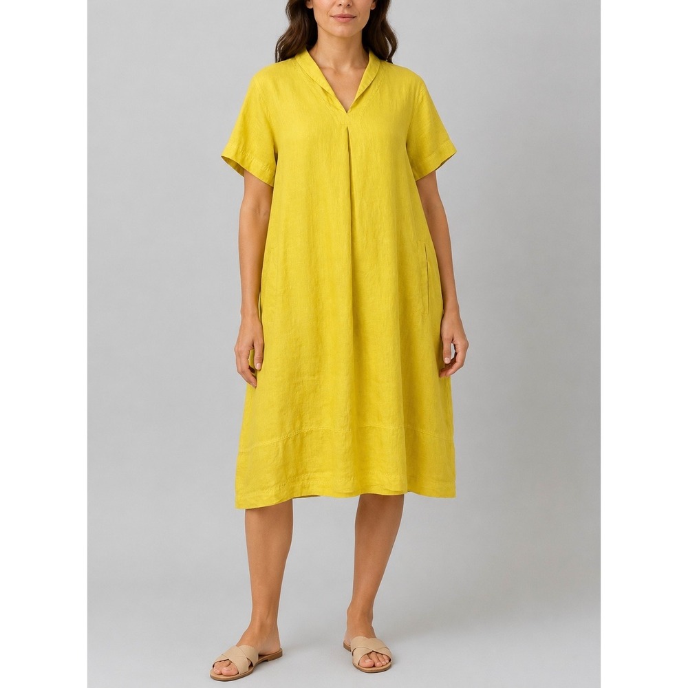 Poetry Shawl Collar Linen Dress Womens 12 Yellow Midi Lagenlook Coastal Beachy